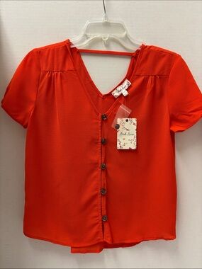 Pink Rose Women's V-Neck Bright Orange Button Front Blouse